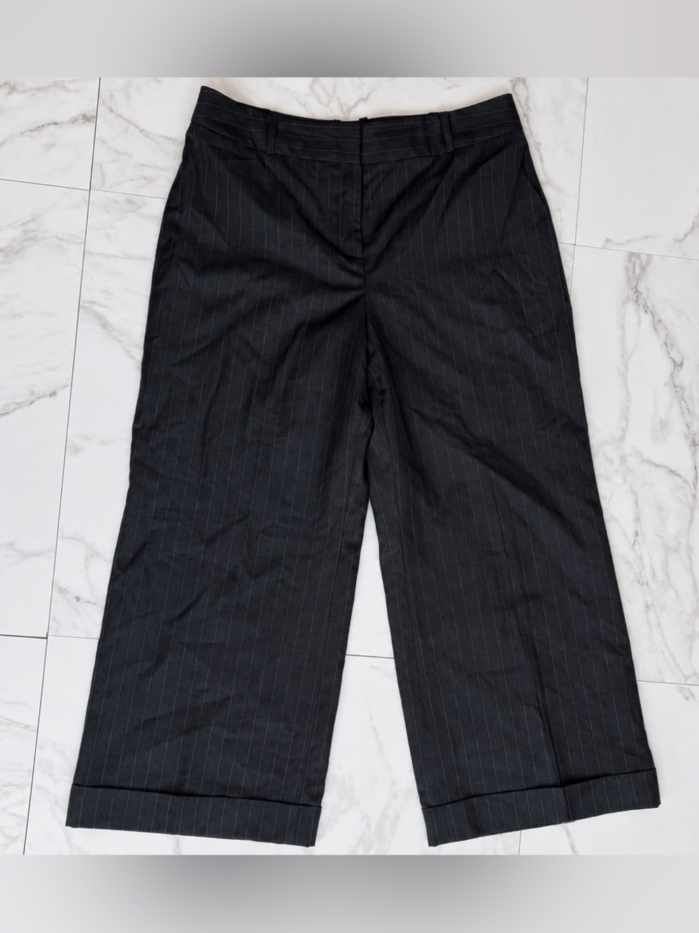 Ann Taylor LOFT Ann Fit Wool Pinstripe Wide Leg Cuffed Trousers Size 14